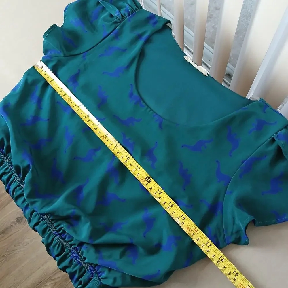 Peach Love California ModCloth Dino Print Dress M green blue blouson midi - Picture 10 of 13